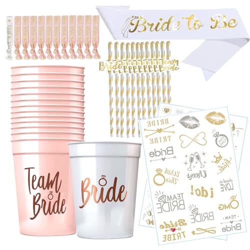 12Set JGA Becher Bride & Team Bride Tassen,Bride to Be Schärpe,Rosegold JGA Armbänder,Team Bride Strohhalme,JGA Becher Tattoo Junggesellinnenabschied Deko Frau Accessoires Bride von Winwild