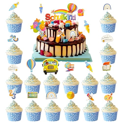 27Stk Tortendeko Einschulung Junge Schulkind Kuchendeko Schulanfang Tortendeko Schultüte Cupcake Topper Schuleinführung Deko Zuckertüte Kuchen Topper Dekorationen ABC 123 Für Schulanfang Party Deko von Winwild