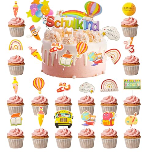 27Stk Tortendeko Einschulung Mädchen Schulkind Kuchendeko Schulanfang Tortendeko Schultüte Cupcake Topper Schuleinführung Deko Kuchen Topper Dekorationen ABC 123 Für Schulanfang Party Deko von Winwild