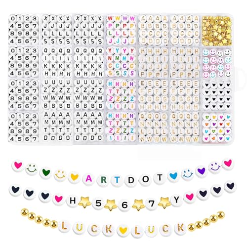 Buchstabenperlen Set Bunte & Weiß & Gold A-Z Buchstabenperlen 7mm Perlen zum Auffädeln Zahlen Herz Smiley Letter Beads Perlenset für Armbänder Ringen Halsketten Geschenk von Winwild