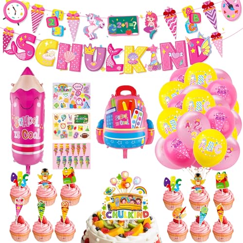 Einschulung Deko Mädchen Schulkind Deko Schulanfänger mit Tortendeko Einschulung Schulanfang Deko Set - Rosa SCHULKIND Girlande + Schultüte Banner + Luftballons Einschulung mit ABC/123/Zuckertüte von Winwild