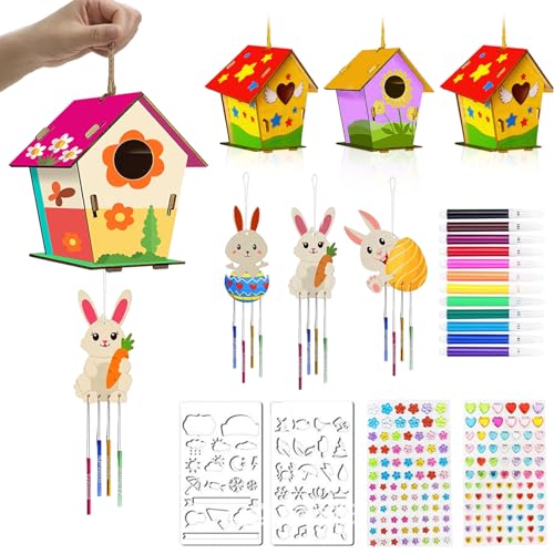 Ostern Basteln Kinder Vogelhaus Bausatz mit Abnehmbarer Osterhasen Windspiel,Ostern Windspiel Bastelset Kinder Vogelhaus zum Bemalen Holz Ostern Geschenke für Jungen Mädchen von Winwild