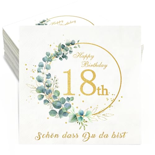 Servietten 18 Geburtstag,36 Stück Geburtstag Servietten Schön dass du da bist,3-Lagig Happy Birthday Servietten Eukalyptus 18. Geburtstag Mädchen Junge Tischdeko Geburtstag Papierservietten 33x33cm von Winwild