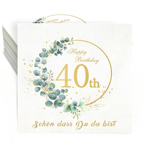 Servietten 40 Geburtstag,36 Stück Geburtstag Servietten Schön dass du da bist,3-Lagig Happy Birthday Servietten Eukalyptus 40. Geburtstag Frauen Männer Tischdeko Geburtstag Papierservietten 33x33cm von Winwild