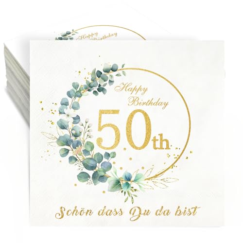 Servietten 50 Geburtstag,36 Stück Geburtstag Servietten Schön dass du da bist,3-Lagig Happy Birthday Servietten Eukalyptus Weiß Gold Papierservietten 33x33cm Tischdeko Geburtstag Party Frau Männ von Winwild