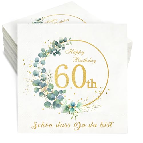 Servietten 60 Geburtstag,36 Stück Geburtstag Servietten Schön dass du da bist,3-Lagig Happy Birthday Servietten Eukalyptus 60. Geburtstag Frau Männ Tischdeko Geburtstag Party Papierservietten 33x33cm von Winwild