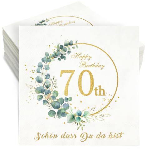 Servietten 70 Geburtstag,36 Stück Geburtstag Servietten Schön dass du da bist,3-Lagig Happy Birthday Servietten Eukalyptus 70. Geburtstag Frau Männ Tischdeko Geburtstag Party Papierservietten 33x33cm von Winwild