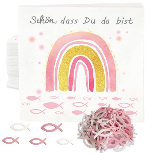 Servietten Taufe Deko,32 Servietten Konfirmation Regenbogen Fisch Rosa+60 Holz Fische Taufdeko Mädchen, 'Schön, dass du da bist!' Servietten Kommunion 3-Lagig Papierservietten Tischdeko 33x33cm von Winwild