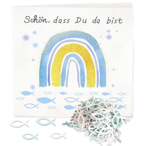 Servietten Taufe Deko Junge,32 Servietten Konfirmation Regenbogen Fisch Blau+60 Holz Fische Taufdeko,3-Lagig Papierservietten Kommunion Deko 'Schön, dass du da bist!' Servietten Tischdeko 33x33cm von Winwild