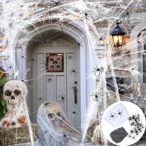 150g Spinnennetz Halloween Deko mit 30 Kunststoff Spinnen Set,Halloween Spinnenweben Weiße & Schwarz Spinnenweben Gruselig Halloween Netzdeko Outdoor Garten Indoor Party Fenster Horror Dekoration von Winwild