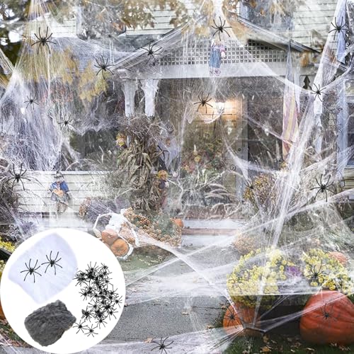 150g Spinnennetz Halloween Deko mit 30 Kunststoff Spinnen Set,Halloween Spinnenweben Weiße & Schwarz Spinnenweben Gruselig Halloween Netzdeko Outdoor Garten Indoor Party Fenster Horror Dekoration von Winwild