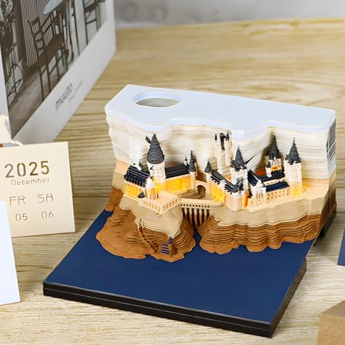 3D Kalender Abreißen 2025 3D-Notizblock Tischkalender-Notizblock mit Licht 3D Castle-Wochenkalender mit Stifthalter 3D-Kunst Kreatives Papierskulptur-Bastel-DIY-Geschenk von Winwj