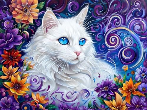 5D DIY Diamond Painting Erwachsene Katze Weiß Diamond Painting Kits, Diamond Painting Kinder, Crystal Art Stickerei Kreuzstich Home Wall Décor, Geschenke für Frauen Weihnachtsdeko 120x90cm t-3035 von Wionheng