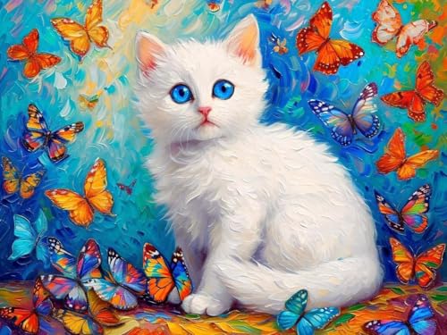 5D Diamond Painting Erwachsene Katze Schmetterling Diamond Painting Kits, Diamond Painting Kinder, Crystal Art Stickerei Kreuzstich Home Wall Décor, Geschenke für Frauen Weihnachtsdeko 120x90cm t-3112 von Wionheng