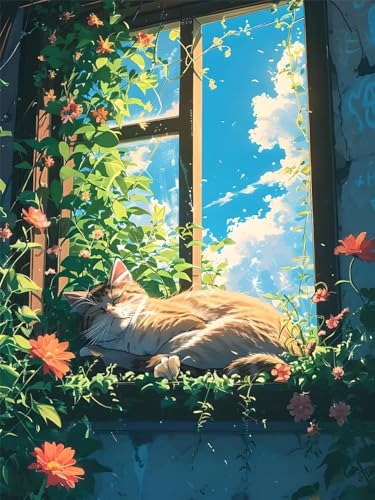 5D Diamond Painting Fensteransicht Katze Diamant Painting Bilder, Diamond Painting Erwachsene Groß XXL 90x120cm, Diamant Malerei Strass Stickerei Set für Wandeko Wohnzimmer, Weihnachten Geschenk A5301 von Wionheng