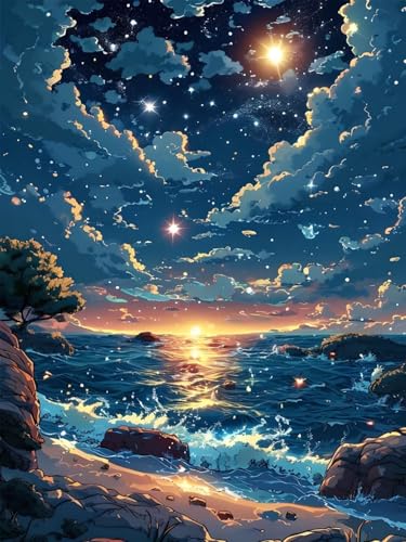 5D Diamond Painting Sternenhimmel und Meer Diamant Painting Bilder, Diamond Painting Erwachsene Groß 25x35cm, Diamant Malerei Strass Stickerei Set für Wandeko Wohnzimmer, Weihnachten Geschenk A-4458 von Wionheng