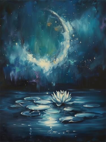 Lotus Malen Nach Zahlen Erwachsene mit Rahmen, Mond Malen Nach Zahlen Kinder Anfänger Bastelset, DIY Ölgemälde 3 Pinseln und Acrylpigment, Room Decor, Geschenke für Frauen, mit Rahmen 60x80cm t-3418 von Wionheng