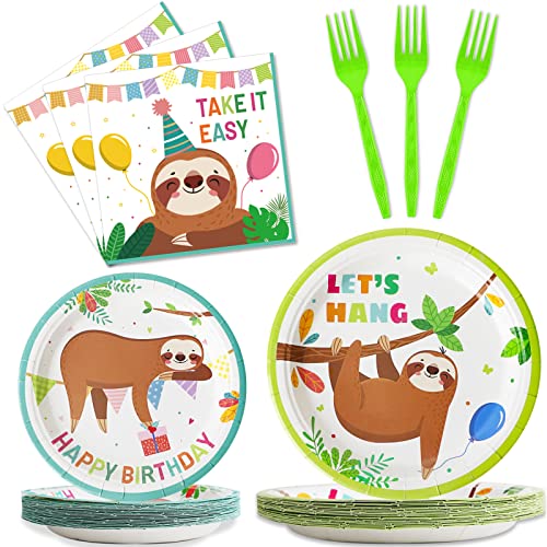 Wiooffen 96 Stück Faultier Tier Party Zubehör Geburtstag Geschirr Set Hängende Dekorationen Kinder Thema Babyparty Pappteller Serviette Gabel 24 Gäste, Grün von Wiooffen