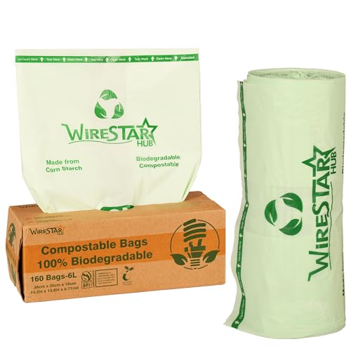 Wirestar Hub 6L-160 Beutel 100% kompostierbare, biologisch abbaubare Müllbeutel – Lebensmittelabfallbeutel mit EN13432-Zertifikat Caddy Küche Müllbeutel von Wirestar Hub