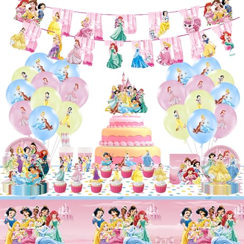 105Stück Prinzessin Geburtstag Deko,Rosa Prinzessin Partygeschirr Set,Mädchen Prinzessin Party Deko,Princess Party Supplies mit Luftballon Banner Tischdecke Teller Tortendeko für Kindergeburtstag Deko von Wirhaut