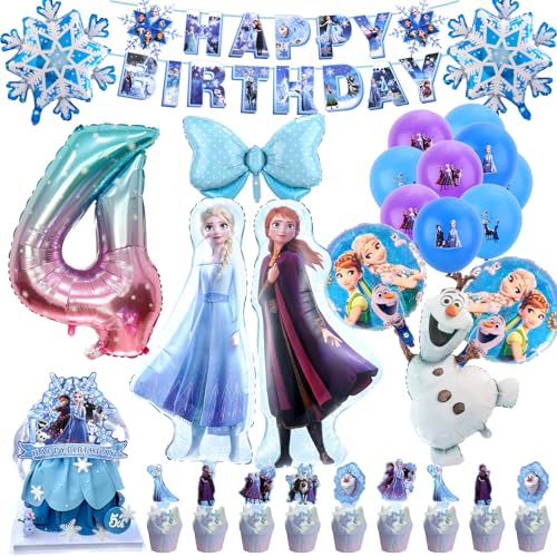 28 Stück Frozen Geburtstagsdeko Luftballon 4 Jahre Elsa Themed Kindergeburtstag Deko, Princess Blau Latexballon Party Deko Geburtstag Set mit Banner Kuchentopper Party Supplies für Jungen Mädchen von Wirhaut