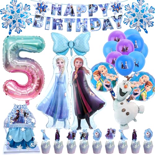 28 Stück Frozen Geburtstagsdeko Luftballon 5 Jahre Elsa Themed Kindergeburtstag Deko, Princess Blau Latexballon Party Deko Geburtstag Set mit Banner Kuchentopper Party Supplies für Jungen Mädchen von Wirhaut