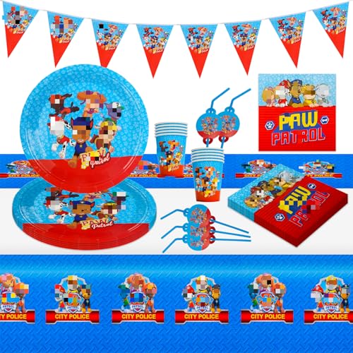 42 Stück Pa-w Partygeschirr Set, Kindergeburtstag Party Set Deko Geburtstag Enthält Teller Becher Servietten Tischdecke Banner für 10 Gäste von Wirhaut