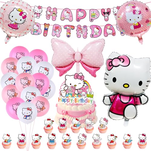 48PCS Geburtstagsdeko Luftballons Cartoon Luftballons Geburtstag Dekoration Set 48 Stück Kinder Luftballon Geburtstag Kit mit Happy Birthday Banners Folienballons Katzen Kitty Thema Cupcake Toppers von Wirhaut