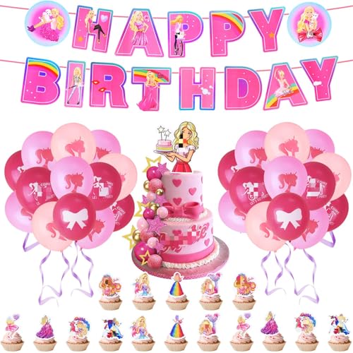 Geburtstagsdeko 38 Stück Rosa Luftballon Geburtstag Deko Themed Kindergeburtstag Deko, Princess Latexballon Party Deko Geburtstag Set mit Banner Kuchentopper Party Supplies für Jungen Mädchen von Wirhaut