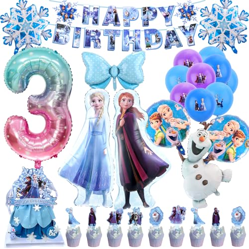 28 Stück Frozen Geburtstagsdeko Luftballon 3 Jahre Elsa Themed Kindergeburtstag Deko, Princess Blau Latexballon Party Deko Geburtstag Set mit Banner Kuchentopper Party Supplies für Jungen Mädchen von Wirhaut