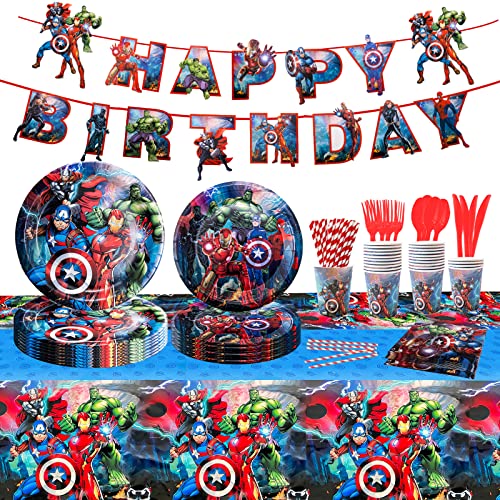 Wirhaut 92 Stück Partygeschirr Geburtstagsdeko Set mit Avengers, Deko Geburtstag Kinder, Party Dekoration Supplies Geschirr Teller Becher Tasse Tischdecke Servietten Pull Flag(10 Gäste) von Wirhaut