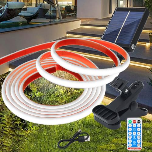 Wisada 12V Solar COB Neon Streifen Selbstklebend, 8 Modi Lichtband Außen IP68 Dimmbare Lichterkette, 1M 320LEDs/m Superheller Cuttable Kaltweiß COB LED Band Mit Fernbedienung für Terrasse, Innenhof von Wisada