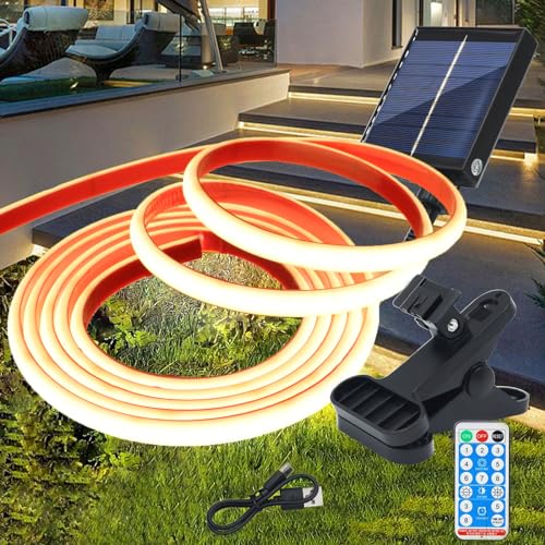 Wisada 12V Solar COB Neon Streifen Selbstklebend, 8 Modi Lichtband Außen IP68 Dimmbare Lichterkette, 4M 320LEDs/m Superheller Cuttable Naturweiß COB LED Band Mit Fernbedienung für Terrasse, Innenhof von Wisada