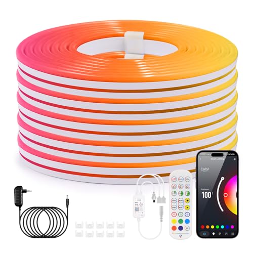 Wisada 5M RGB Neon Strip DC24V, SMD3535 300LEDs Silikon Flexibler WIFI LED Streifen, Smart Musiksynchronisierung Neon LED Lichtband mit Fernbedienung & Netzteil für Schlafzimmer,Weihnachtsfeier von Wisada