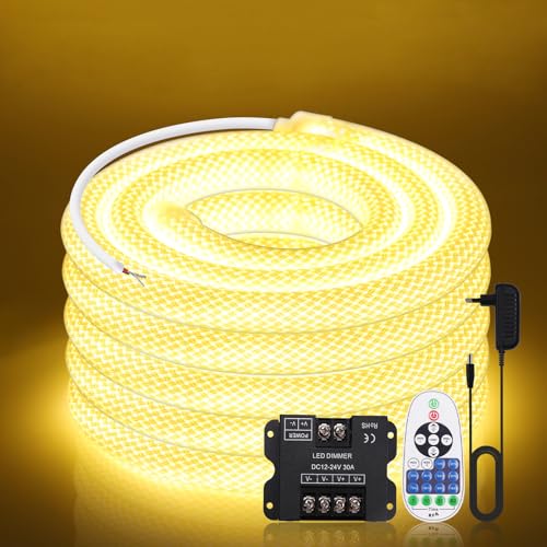 Wisada Dimmbare Neon LED Streifen 2M, 360° Rundes Maschenrohr Neon Band, SMD2835 240LEDs/m Warmweiß IP67 Wasserdichtes Schlauch Lichtband mit 12V 2A Adapter für Weihnachten, Innen/Außen Deko von Wisada