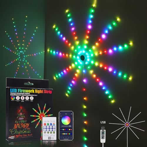 Wisada USB Feuerwerk LED Lichterkette,Bluetooth Multicolor Chasing Effekt LED Streifen,RGBIC Firework Streifen Sync Mit Musik 120LEDs IP65 Wasserdicht Starburst Lichter für Weihnachten, Hochzeit Deko von Wisada