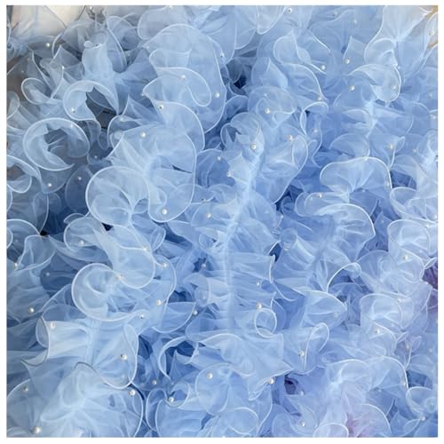 Wisafory 10 Yards 11cm Plissiertes Organzaband Rüschen Spitzenborte mit Perlen Organza Spitzenband Tüll Spitzenstoff Spitzenbordüre für Applikationen Kleidung DIY Nähen Basteln Blau von Wisafory