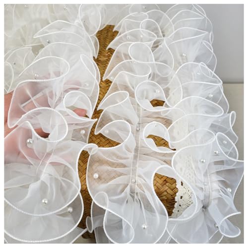 Wisafory 10 Yards 11cm Plissiertes Organzaband Rüschen Spitzenborte mit Perlen Organza Spitzenband Tüll Spitzenstoff Spitzenbordüre für Applikationen Kleidung DIY Nähen Basteln Weiß 2# von Wisafory