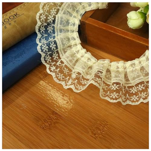 Wisafory 10M Spitzenband Rüschenband Spitzenborte Spitzenbesatz Lace Trim Rüschenbesatz Stoffband Dekoband Elastisch Vintage Rüschen Spitzenband für Nähen Handwerk 4.5cm Beige 10m von Wisafory