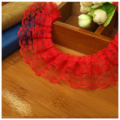 Wisafory 10M Spitzenband Rüschenband Spitzenborte Spitzenbesatz Lace Trim Rüschenbesatz Stoffband Dekoband Elastisch Vintage Rüschen Spitzenband für Nähen Handwerk 4.5cm Rot 10m von Wisafory