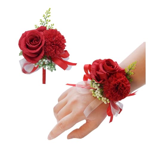 Wisafory 2 Stück Handgelenk Blume Corsage Boutonniere Set Hochzeit Ansteckblumen Braut Brautjungfer Blume Armband Knopflochblumen Brautschmuck Accessoires für Hochzeit Abschlussball Rot von Wisafory