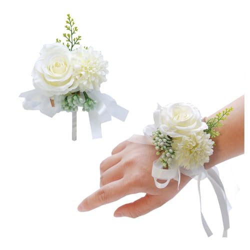 Wisafory 2 Stück Handgelenk Blume Corsage Boutonniere Set Hochzeit Ansteckblumen Braut Brautjungfer Blume Armband Knopflochblumen Brautschmuck Accessoires für Hochzeit Abschlussball Weiß von Wisafory