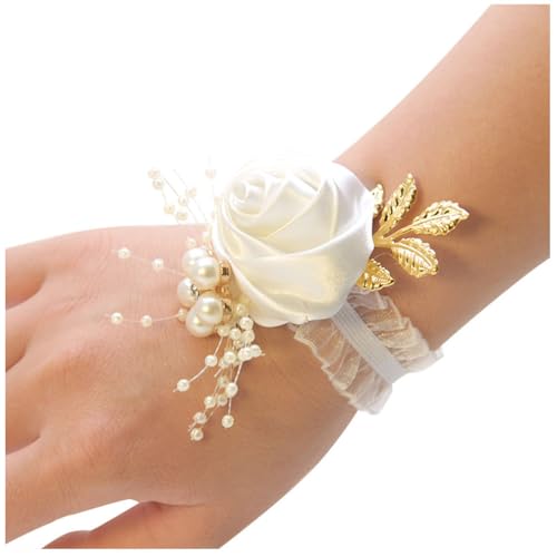 Wisafory 2 Stück Handgelenk Corsage Blumen Armband Korsage Braut Brautjungfer Hand Blume Seidenblume mit Perle Armbänder Handgelenkblume für Hochzeit Bankette Abschlussball Weiß von Wisafory