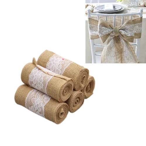 Wisafory 2 Stück Jute Stuhlschärpen Stuhlschleife Natürliche Juteband Rolle mit Spitze Schleifen Stuhl Schärpe Vintage Leinen Tischläufer Tischband für DIY Hochzeit Party Deko 15x240cm von Wisafory