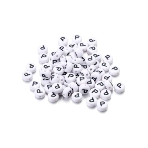 Wisafory 200 Stück Buchstabenperlen Rund Buchstaben Perlen zum Auffädeln Weiß A-Z Spacer Beads mit Loch zum Auffädeln DIY Handwerk Armbänder Halsketten Schmuckherstellung, Individueller Brief P von Wisafory