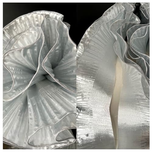 Wisafory 3 Meter Rüschen Spitzenborte Organza Rüschenstoff Plissee Chiffon Tüll Rüschen Trim Spitzenbordüre Spitzenbesatz zum Nähen Dekorative Zubehör für Kleid Tasche Trimmen Silber 3 Meter von Wisafory