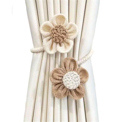 Wisafory 6 Stück Vorhang Raffhalter Blumen Vorhanghalter Handgefertigte Gestrickte Vorhang Halter Elastische Gardinenhalter Zugband Boho Gardinen Kordel für Büro Hausdekoration Beige+Khaki von Wisafory