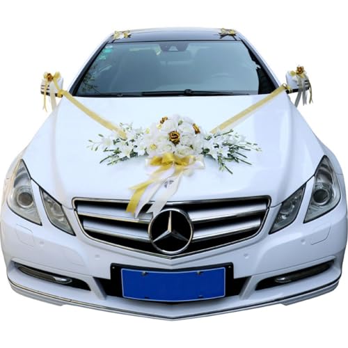 Wisafory Autoschmuck Hochzeit Brautpaar Rose Auto Girlande Champagner Künstliche Blumen Hochzeitsauto Deko Satinband Autoschleifen Brautwagen Auto Motorhaube Schmuck Wedding Romantische Car Dekoration von Wisafory