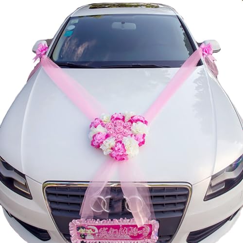 Wisafory Autoschmuck Hochzeit Herzförmig Rose Auto Girlande Romantische Braut Paar Hochzeitsauto Dekoration Auto Blumenschmuck für Hochzeit Feier Valentinstag Party Brautwagen Deko Rosa von Wisafory