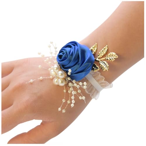 Wisafory Corsetto da polso con fiori e foglie di corpetto da sposa, damigella d'onore, fiore di seta con perle, bracciale fiore da polso, accessorio per matrimonio, banchetto, ballo, blu, 1 pezzo von Wisafory